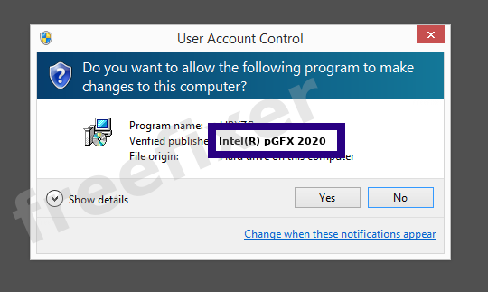 Screenshot where Intel(R) pGFX 2020 appears as the verified publisher in the UAC dialog